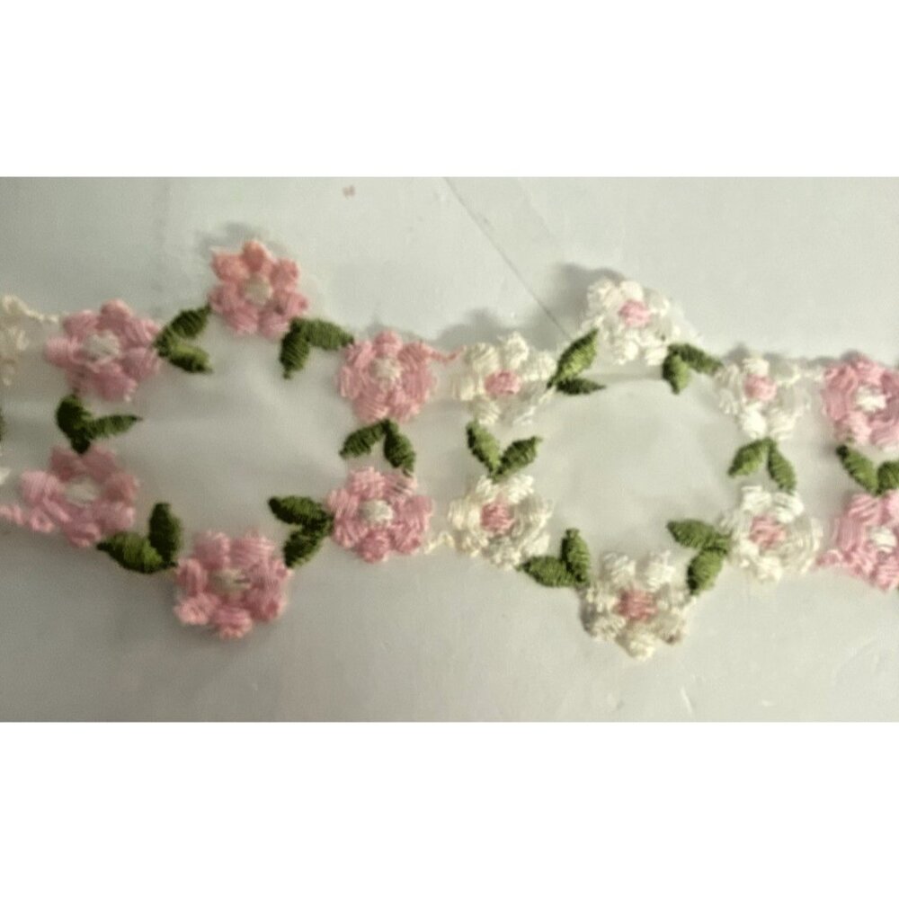 Vintage Embroidered Floral Ribbon Mesh White Pink Flowers 2in x 57in Trim Sewing - Picture 2 of 9